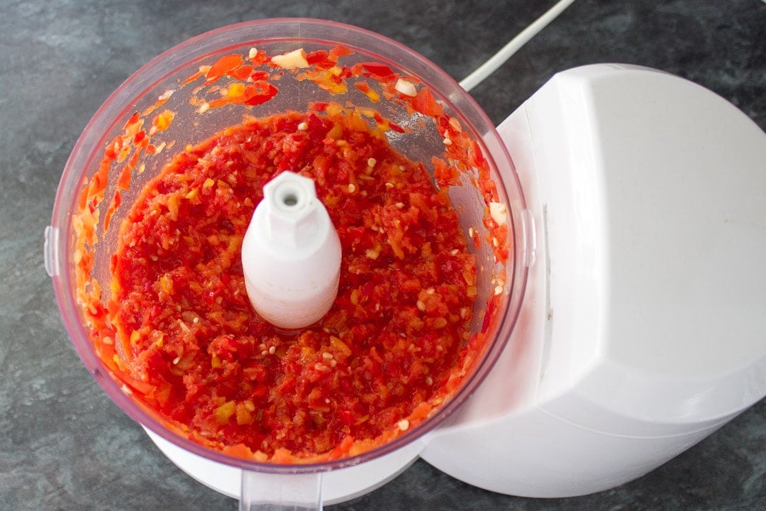 sweet chilli jam ingredients in a food processor