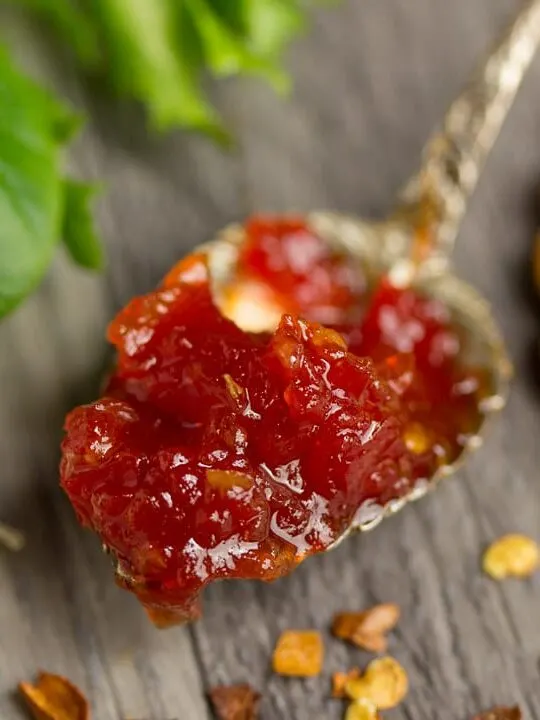 sweet chilli jam on a spoon