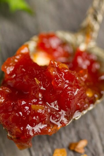sweet chilli jam on a spoon