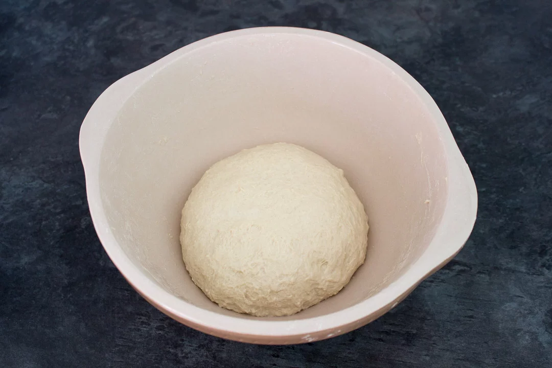 No knead bread dough in a large mixing bowl ready for a second prove