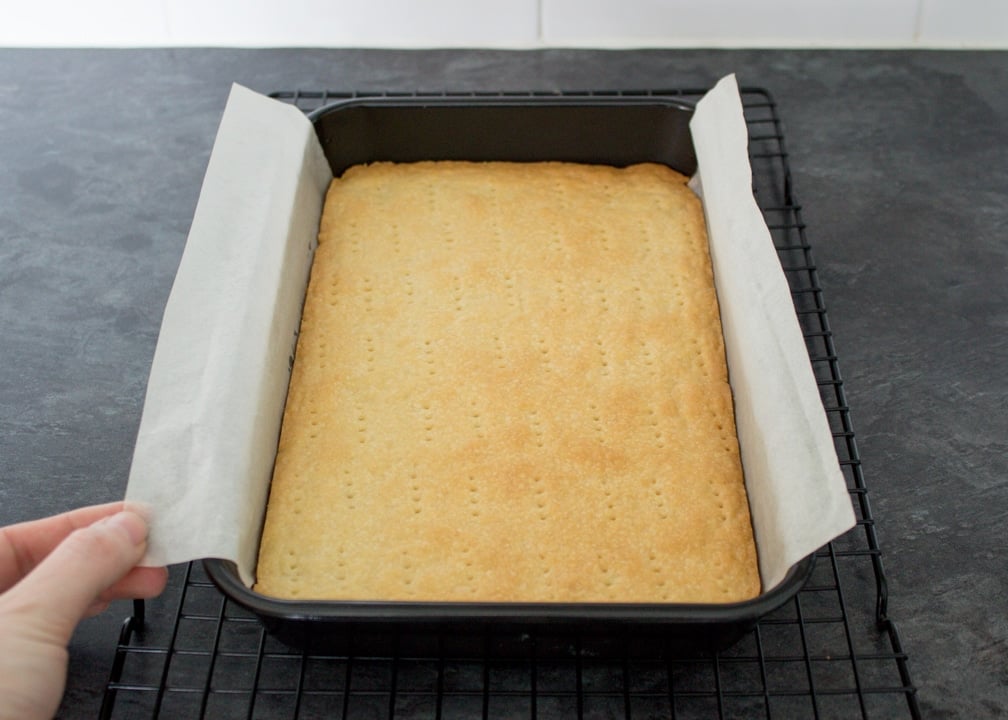 Millionaire's Shortbread: baked cookie dough in the prepared tin