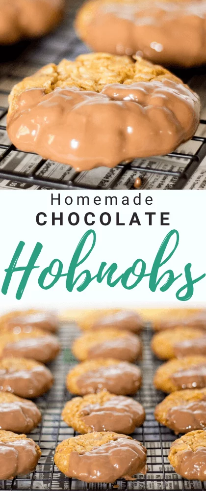 Chocolate hobnobs on a cooling rack set over newspaper dipped in chocolate