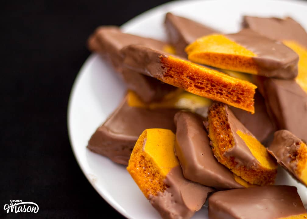 Chocolate Cinder Toffee Recipe: chocolate cinder toffee on a plate