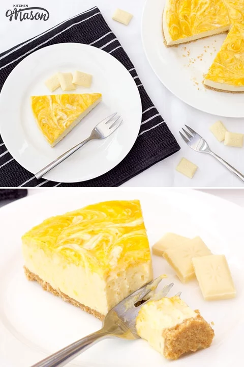 Mango & White Chocolate cheesecake on a plate