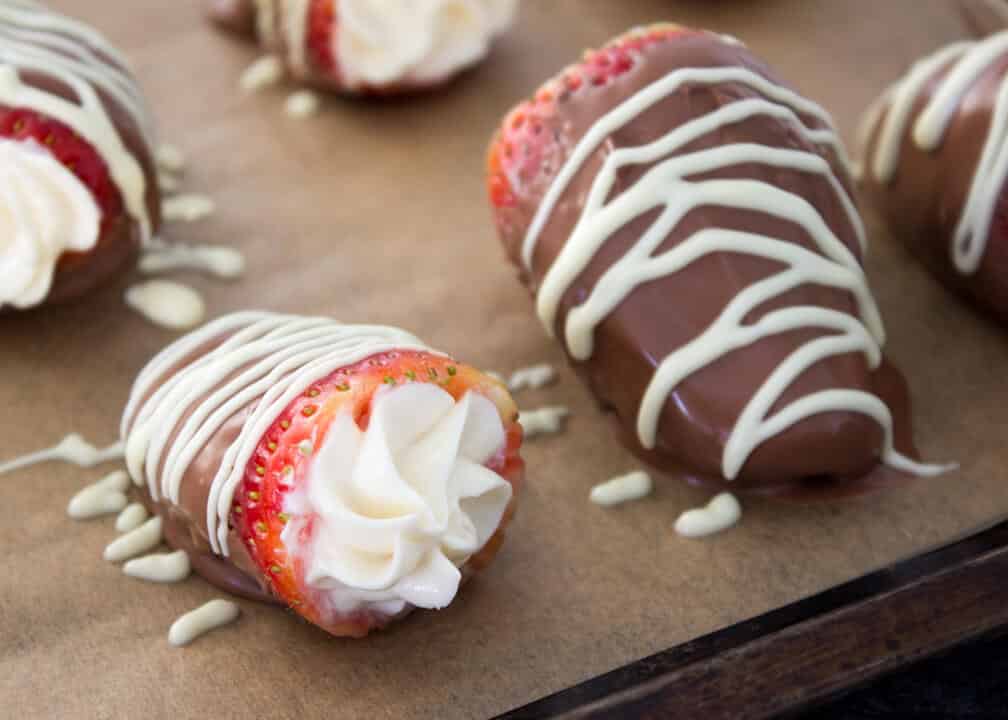 Cheesecake filled strawberries dipped in melted chocolate