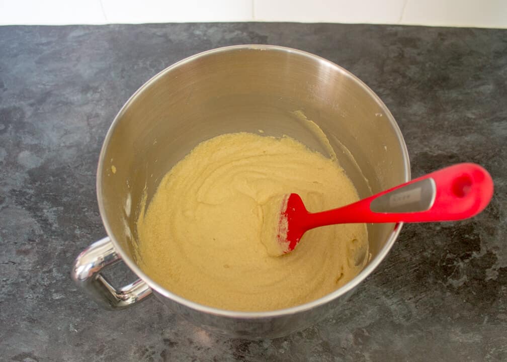 Victoria Sandwich Cake batter in a stand mixer bowl with a spatula