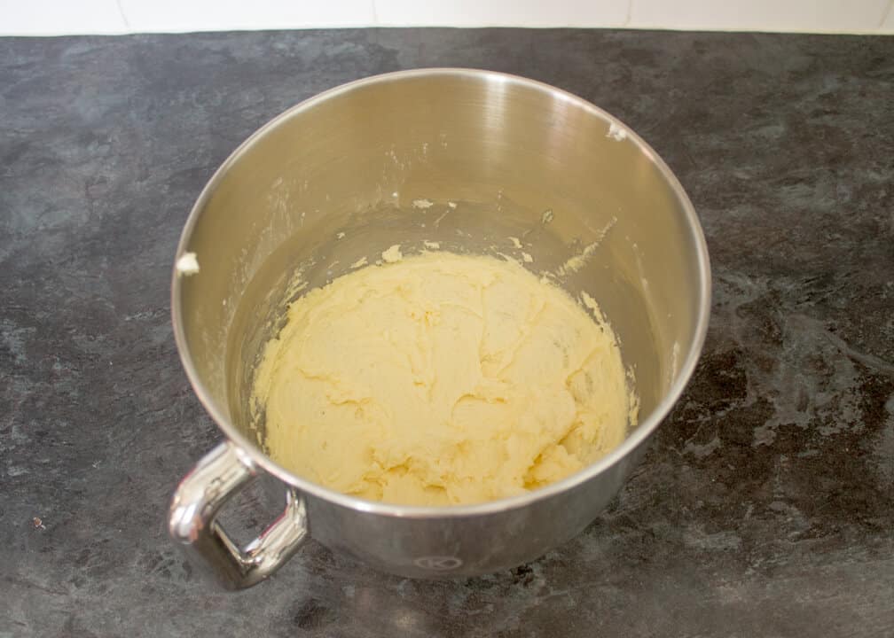 Victoria Sandwich Cake buttercream filling in the bowl of a stand mixer