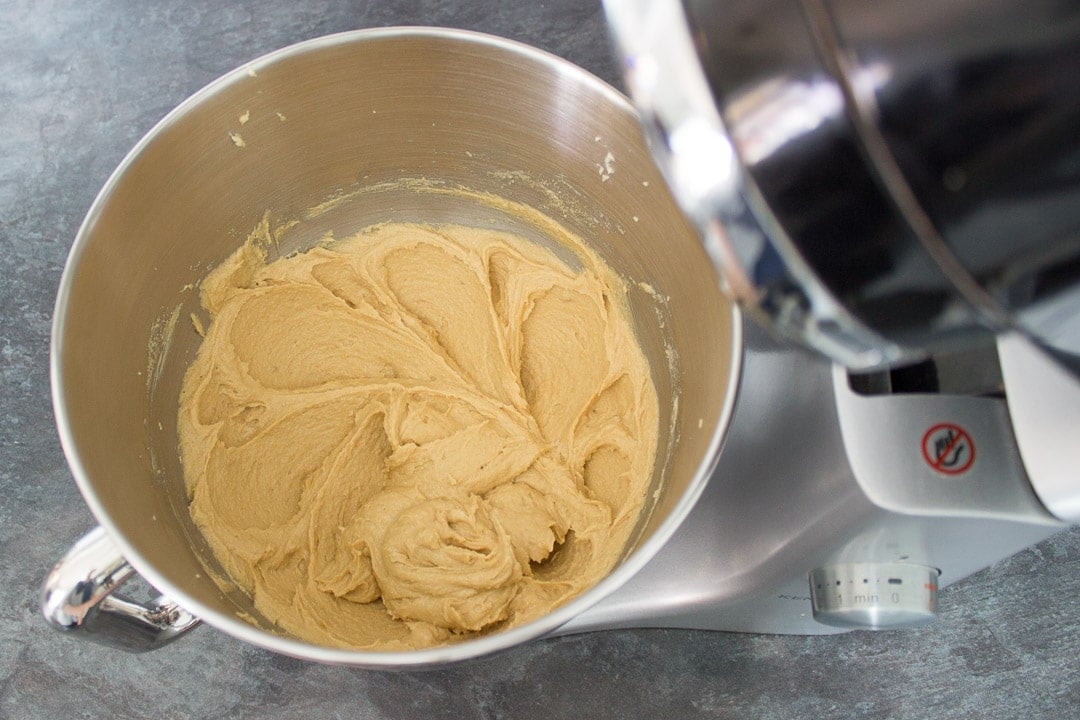 butter, sugar and peanut butter beaten together in a stand mixer bowl