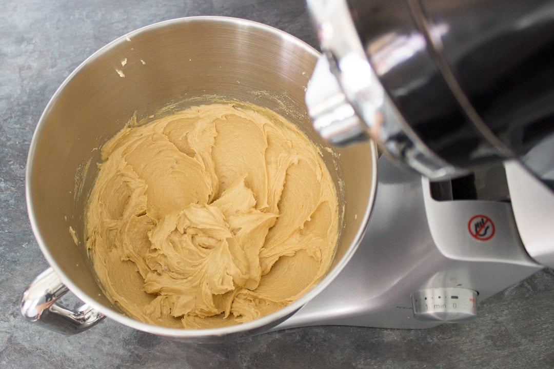 butter, sugar, peanut butter, egg and vanilla beaten together in a stand mixer bowl