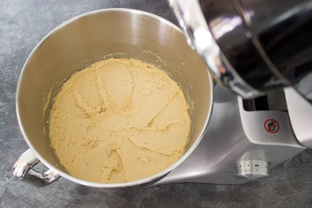 butter and sugar beaten together in a stand mixer bowl
