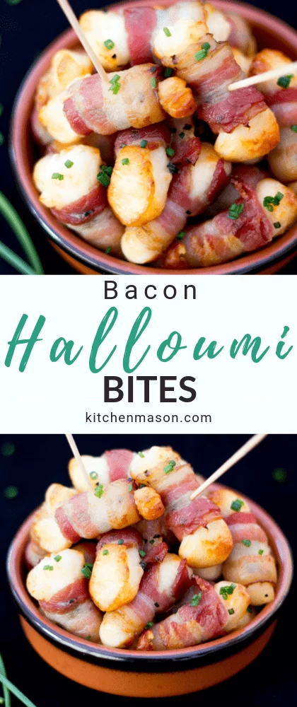 bacon halloumi bites in a small dish with cocktail sticks