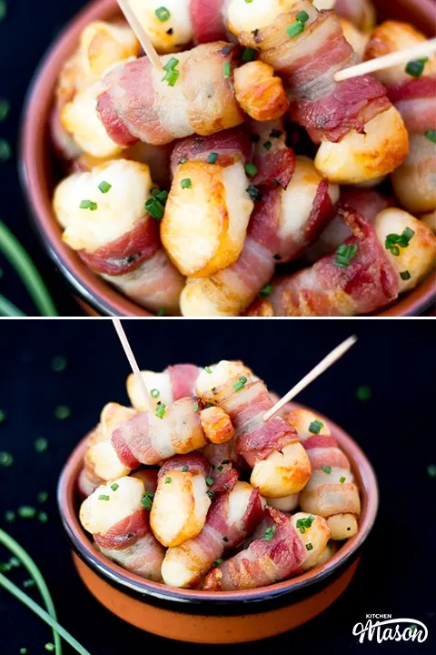 Bacon Halloumi Bites in a serving dish with cocktail sticks