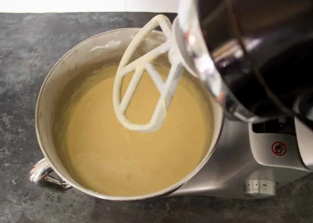 Cupcake batter in a stand mixer bowl