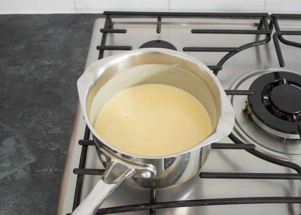 Rhubarb and Custard Ice Cream: the finished custard base mixture in a saucepan