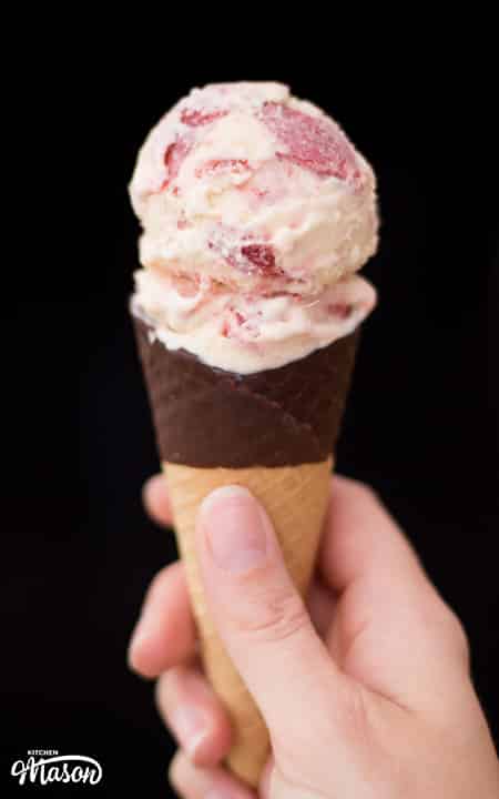 Scoop of Rhubarb and Custard Ice Cream in a cone