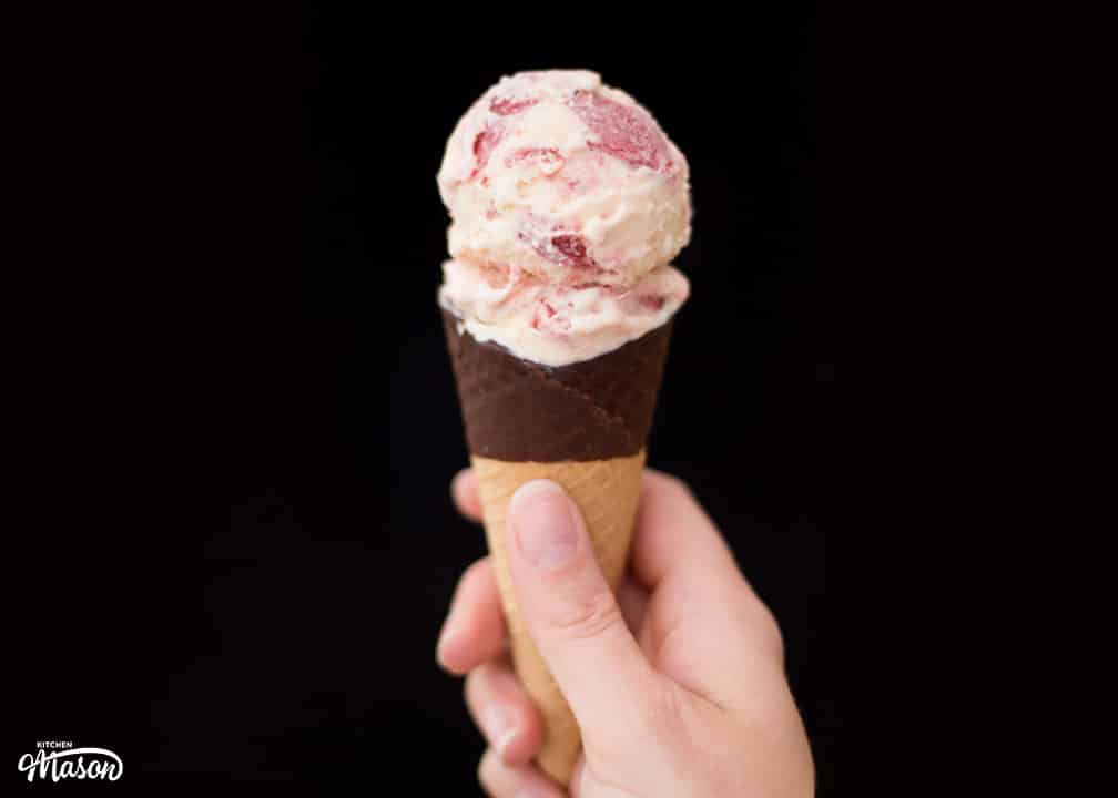 Scoop of Rhubarb and Custard Ice Cream in a cone