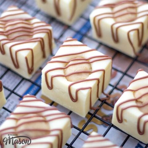 White Chocolate Cookie Dough Fudge on a Cooling Rack