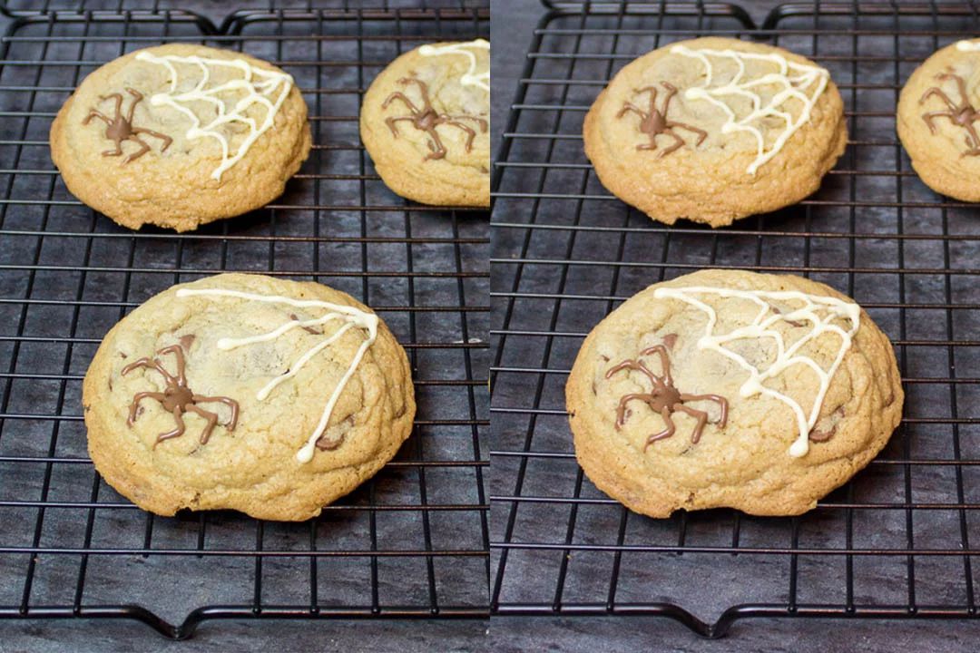 chocolate chip cookies with chocolate spider design on top