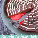 A bloody spider web chocolate tart with a slice taken out of it and 'blood' spilling out on a green plate over a dark spider web covered backdrop. There are 3 black plastic spiders on the plate/dessert.