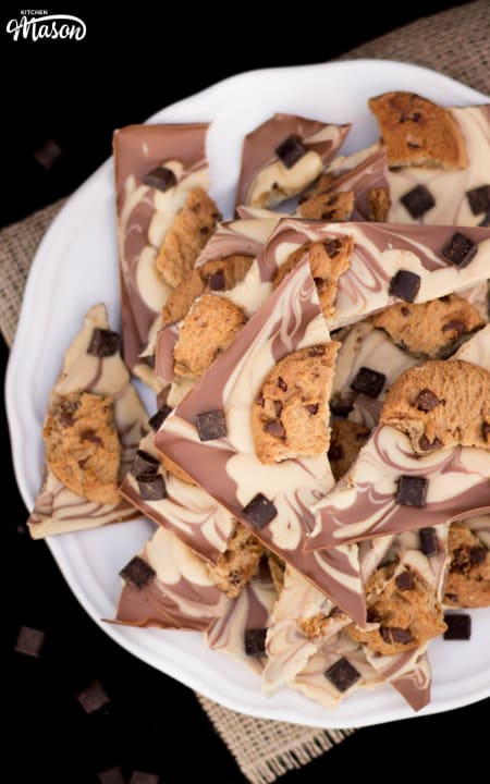 Peanut Butter Cookie Bark broken into pieces on a plate