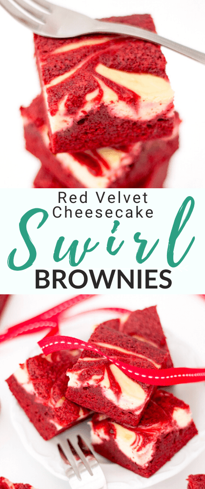 Red Velvet Cheesecake Swirl Brownies in a stack with a fork on top