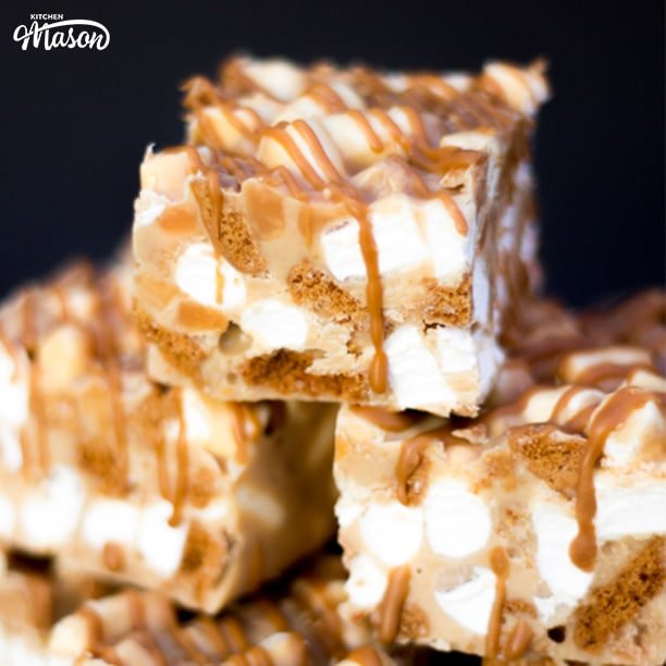 Biscoff Rocky Road bars in a stack