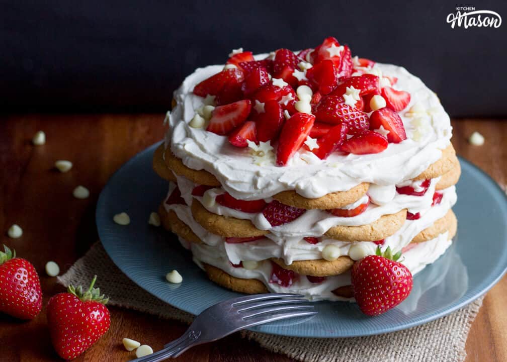 Strawberries & Cream Icebox Cake on a plate