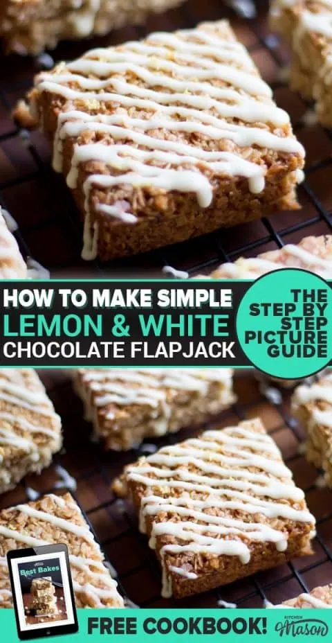 Lemon & White Chocolate Flapjack on a cooling rack