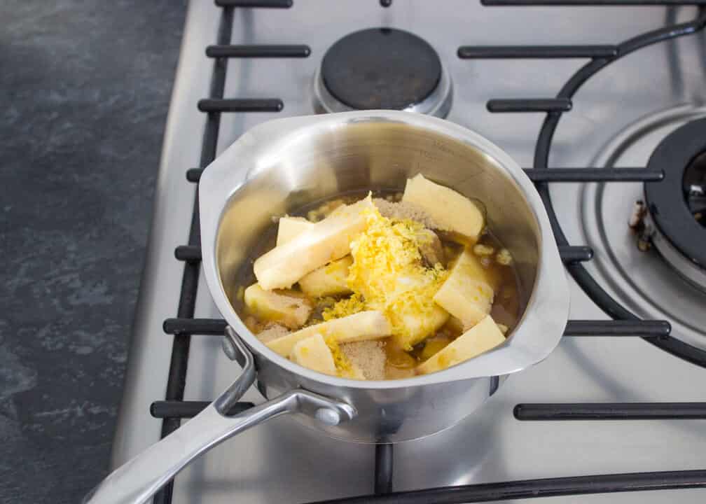 butter golden syrup and lemon zest in a saucepan on the hob