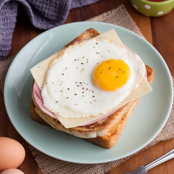 Ham egg and cheese savoury French toast on a plate with a fork