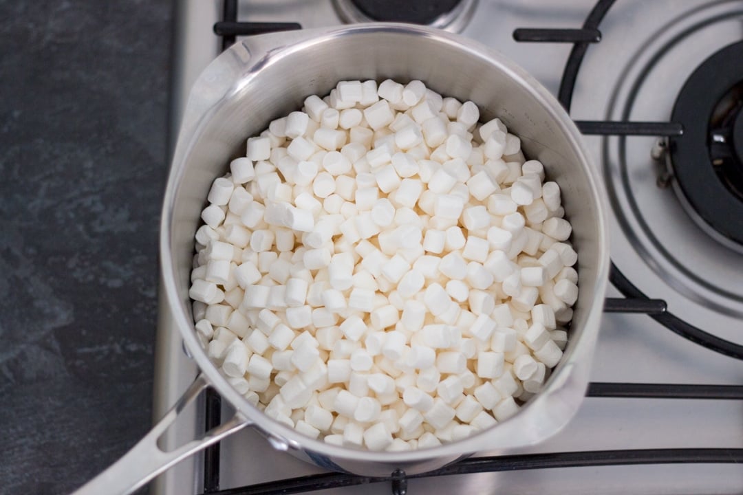 white mini marshmallows in a large saucepan