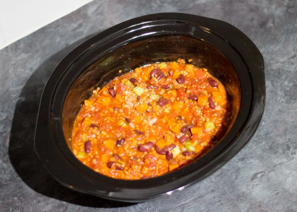 Uncooked vegetarian chilli in a slow cooker