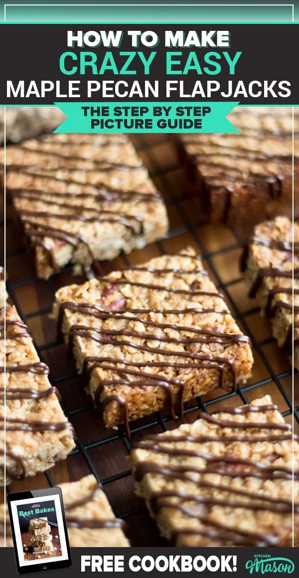 Flapjack Recipe: maple pecan flapjacks on a cooling rack drizzled in chocolate