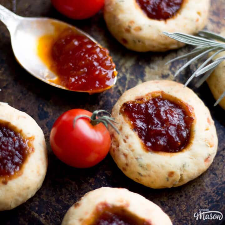 Cheesy Rosemary & Thyme Thumbprint Cookie recipe with Sweet Tomato & Chilli Chutney