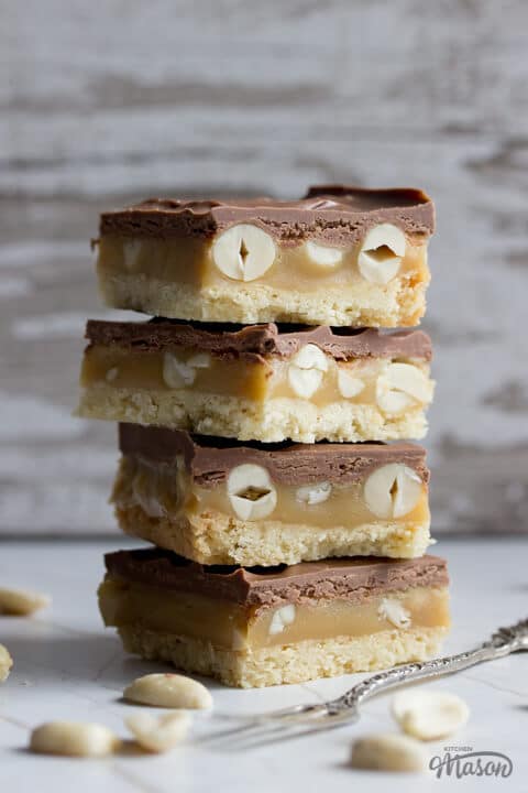 Snickers Millionaire Shortbread in a stack
