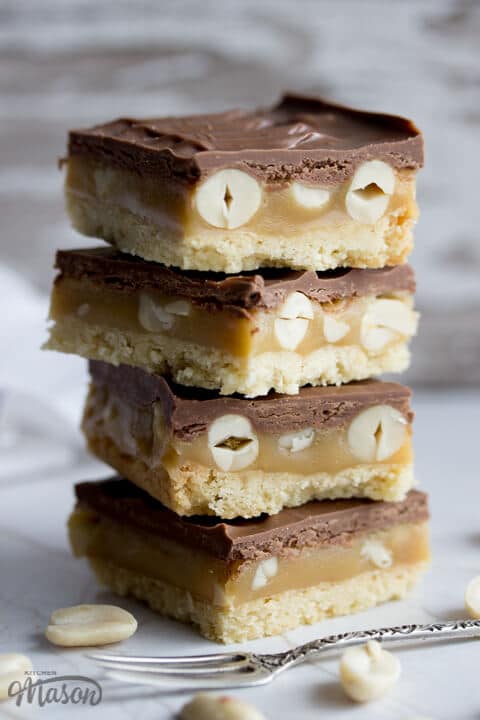 Snickers Millionaire Shortbread in a stack