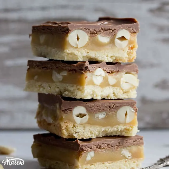 Snickers Millionaire Shortbread in a Stack