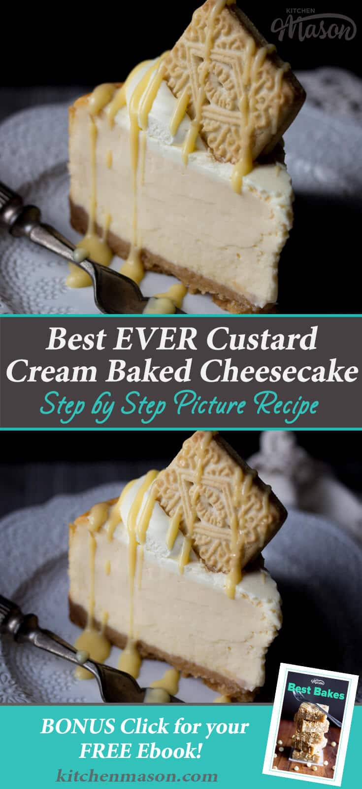 Custard cream baked cheesecake on a plate with a fork