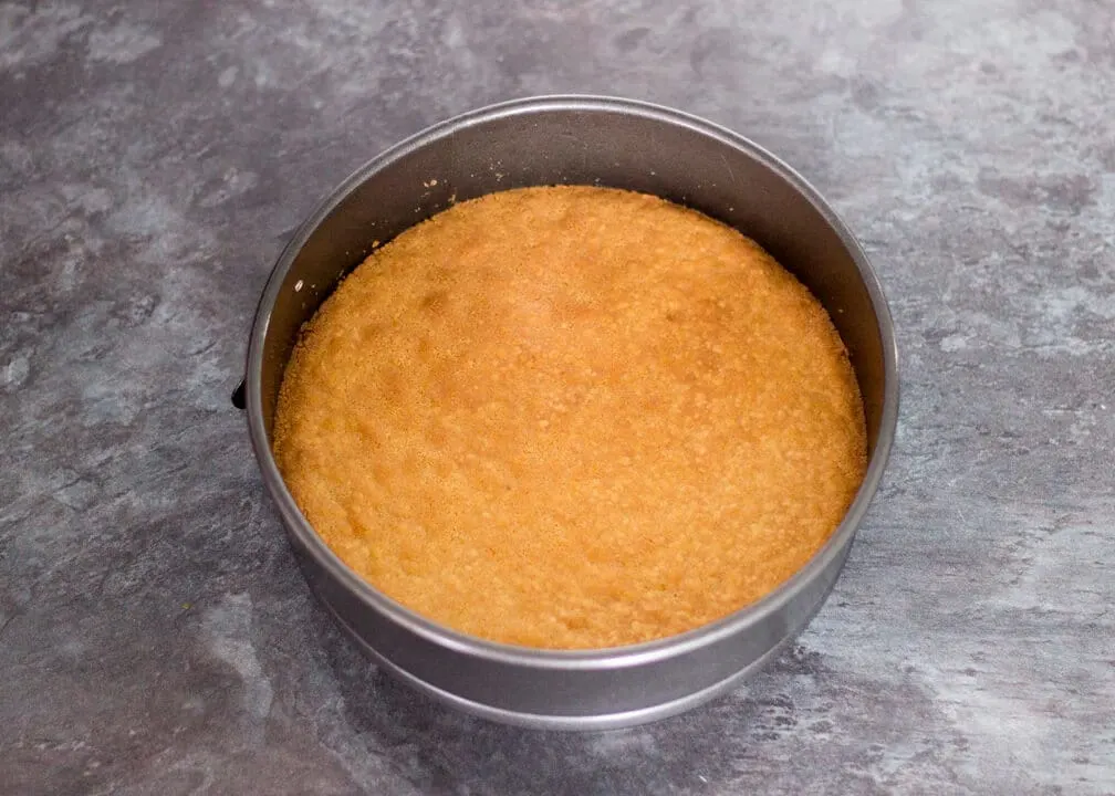 Baked cheesecake biscuit crumb base in a tin