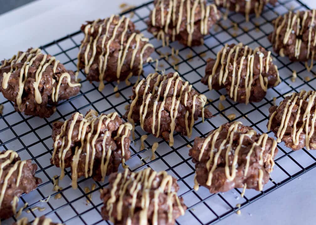 Salted Caramel No Bake Cookies on a Cooling Rack