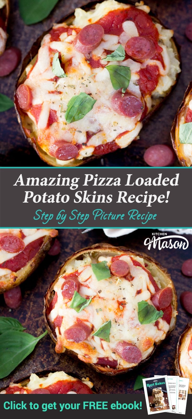 Pizza loaded potato skins on a baking tray
