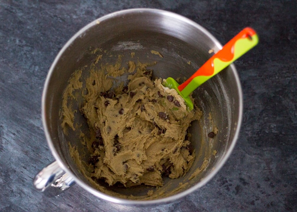 Brookie Recipe - Choc chip cookies dough in a stand mixer