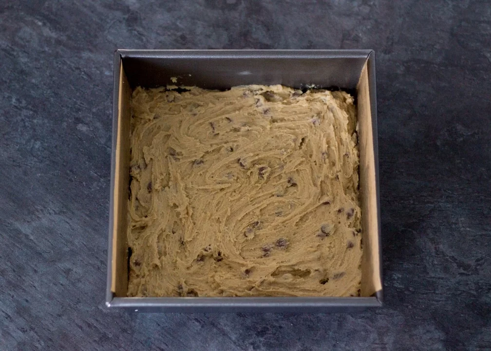 Brookie Recipe - Choc Chip Cookie Dough in a Baking Tin