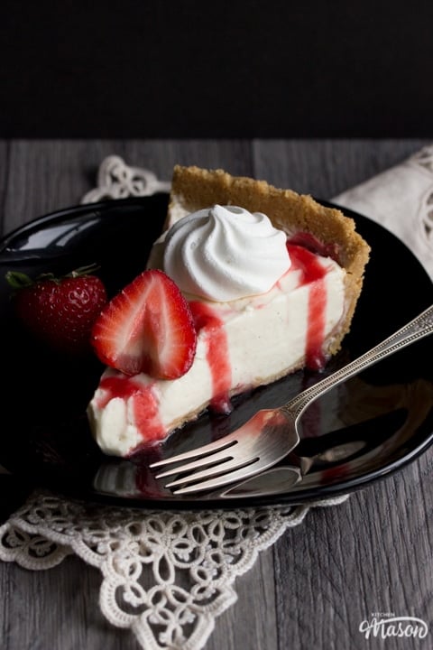 Vanilla Strawberry Cheesecake Recipe: slice on a plate