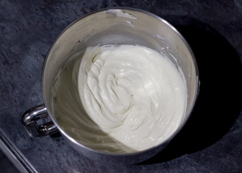 Vanilla Strawberry Cheesecake Recipe: filling in a stand mixer bowl