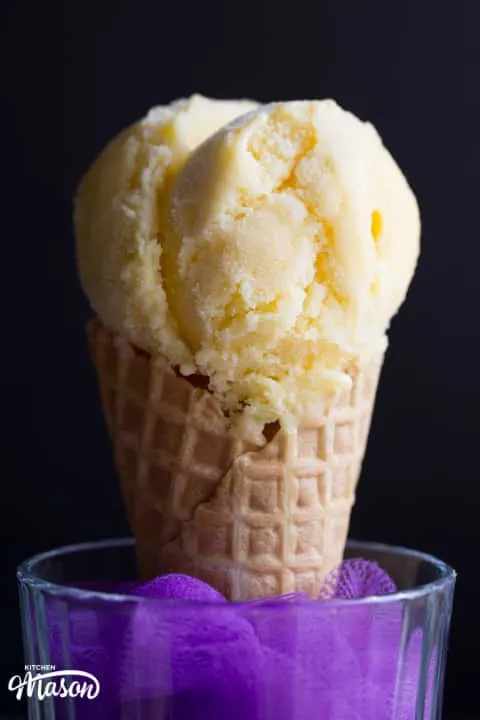 Homemade ice cream in a waffle cone in a glass