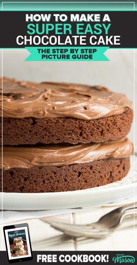 Easy chocolate cake recipe: Slice of chocolate cake on a plate with chocolate sauce