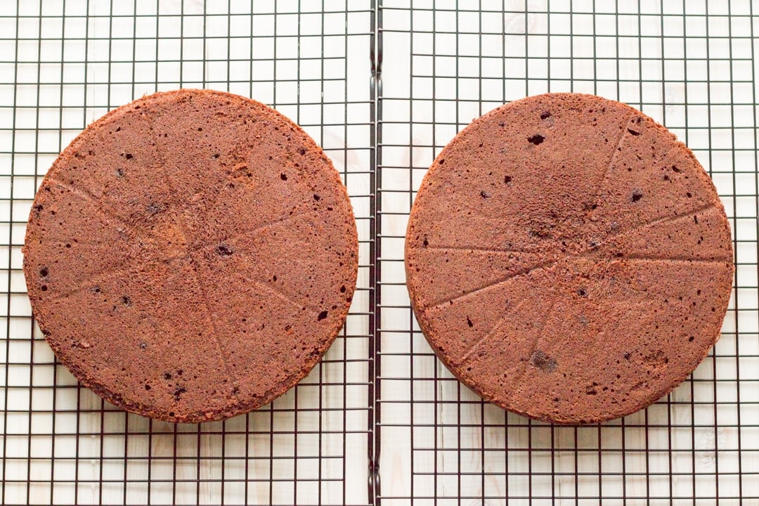 Easy chocolate cake recipe: Chocolate cake layers cooling on cooling racks