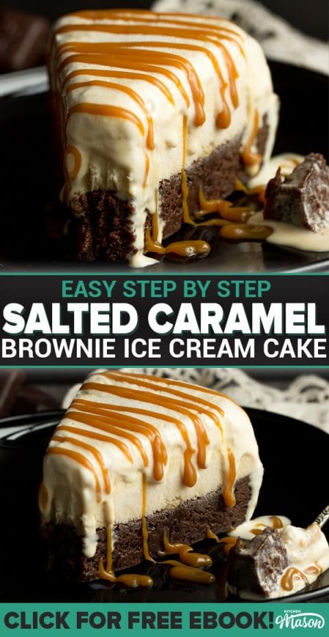 Slice of Salted Caramel Brownie Ice Cream Cake on a black plate