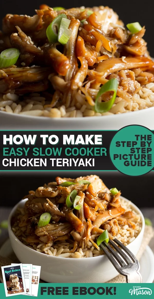 Chicken teriyaki recipe: chicken teriyaki in a bowl with rice sprinkled with sesame seeds and spring onion